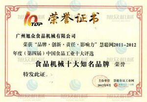 食（shí）品機械十大品牌證書
